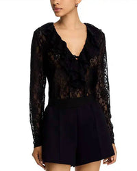 STEVE MADDEN Elvie Ruffle Front Lace Top in black - women's blouse