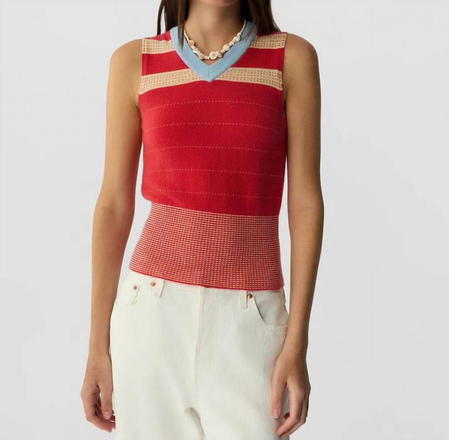 Guest In Residence Collegiate Stripe Vest in residence collegiate stripe vest in scarlet combo - women's jacket - detail view
