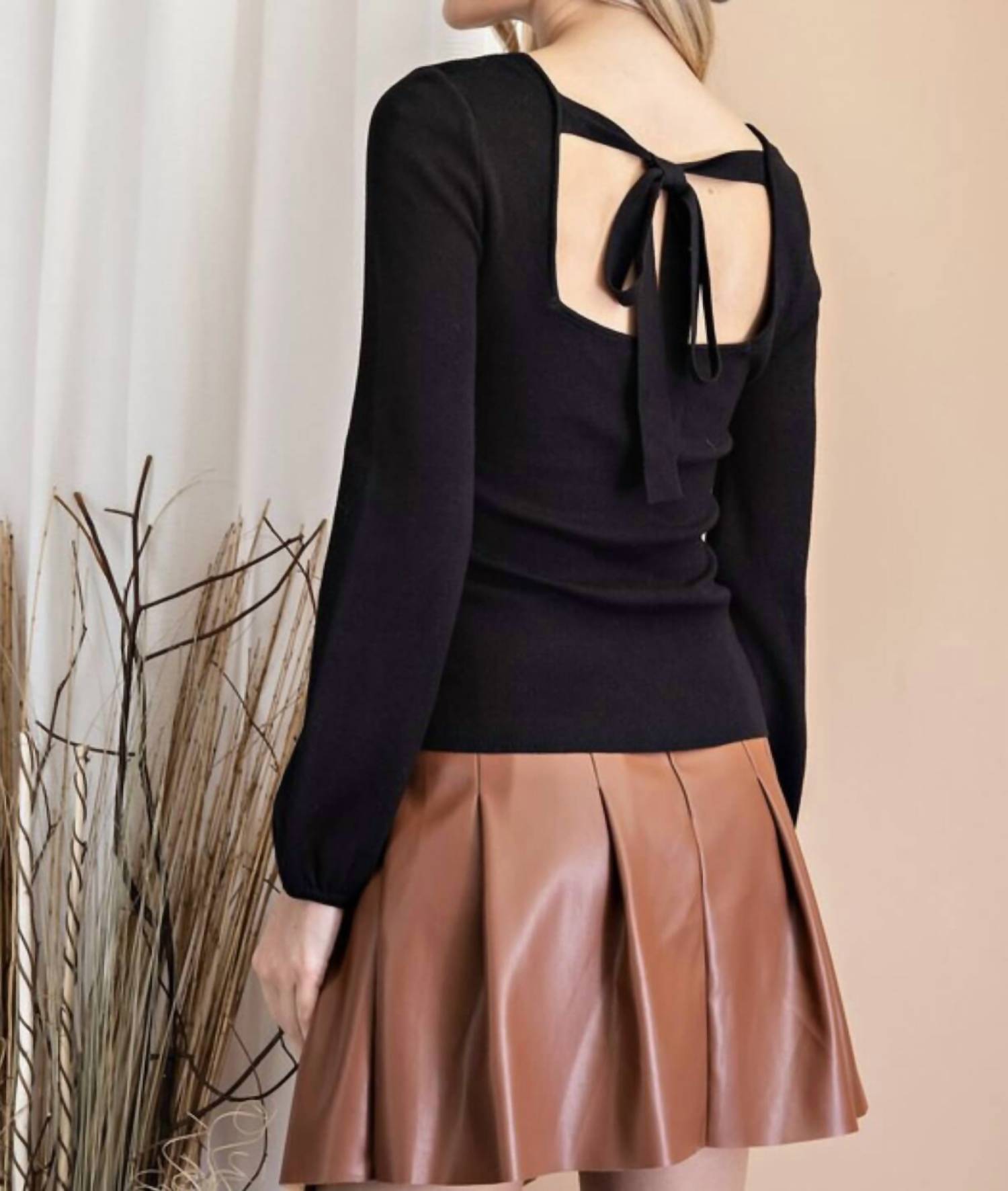 Ee:Some - Penny Puff Sleeve Back Tie Sweater Top