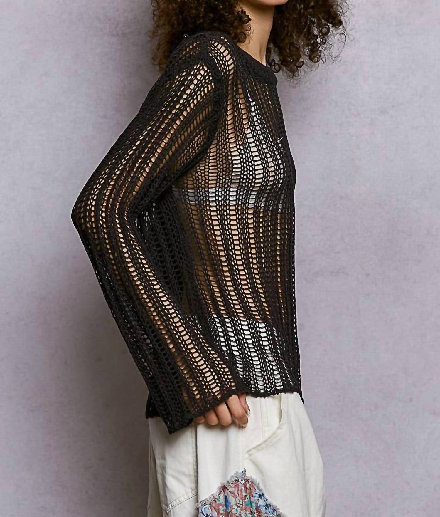Pol - Round Neck Open-knit Long Sleeve Thin Sweater Top