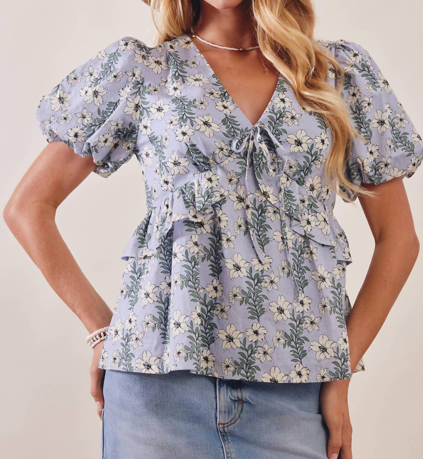 Listicle - Floral Puff Sleeve Lined Blouse
