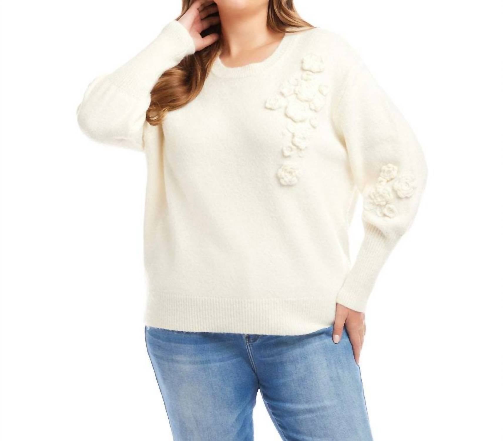 Karen Kane Hand Embroidered Flower Detail Sweater - Plus in light oatmeal - women's sweater - view 4