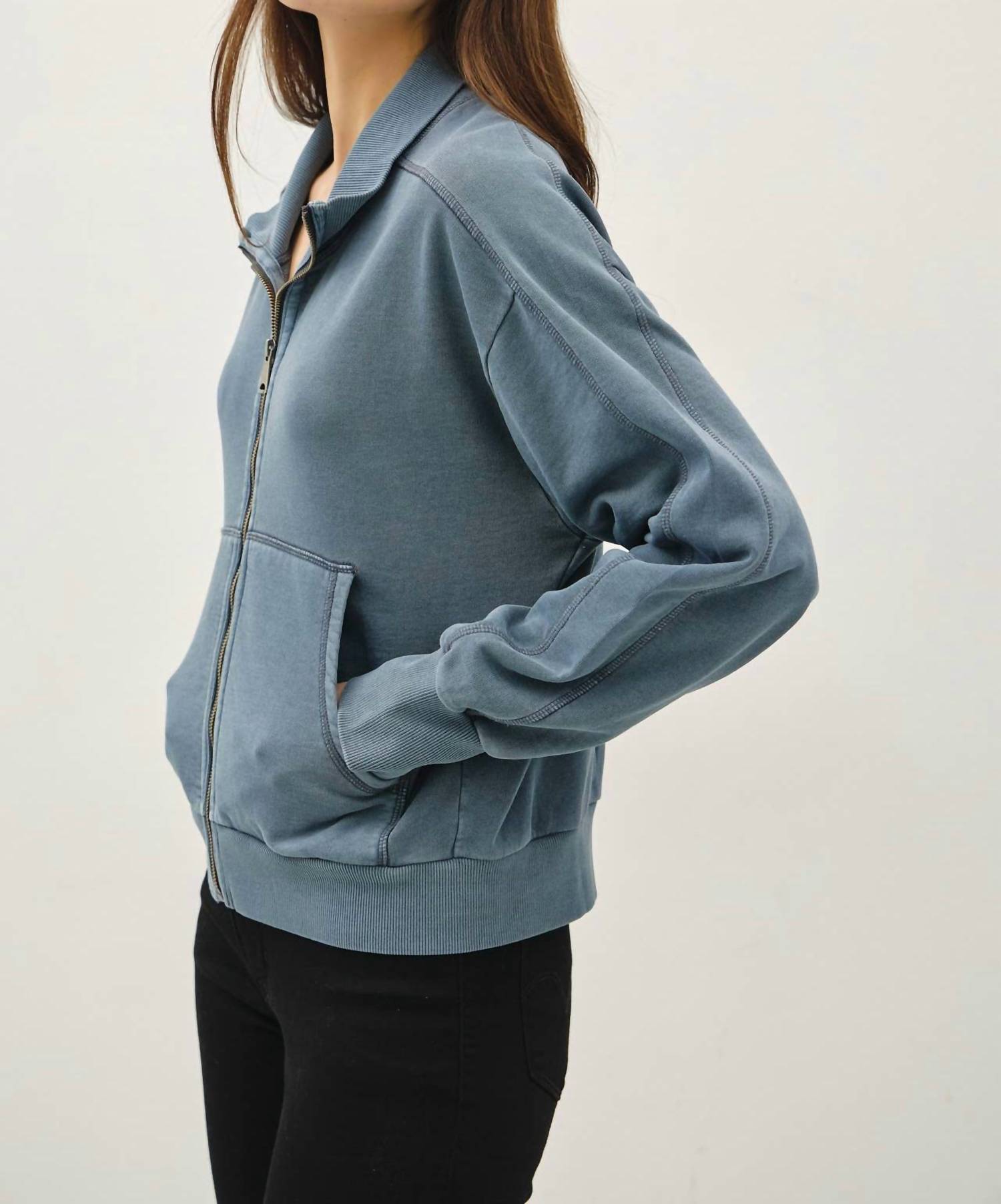 be cool Hillary Acid Wash Zip Sweatshirt in teal - women's top - alternate view