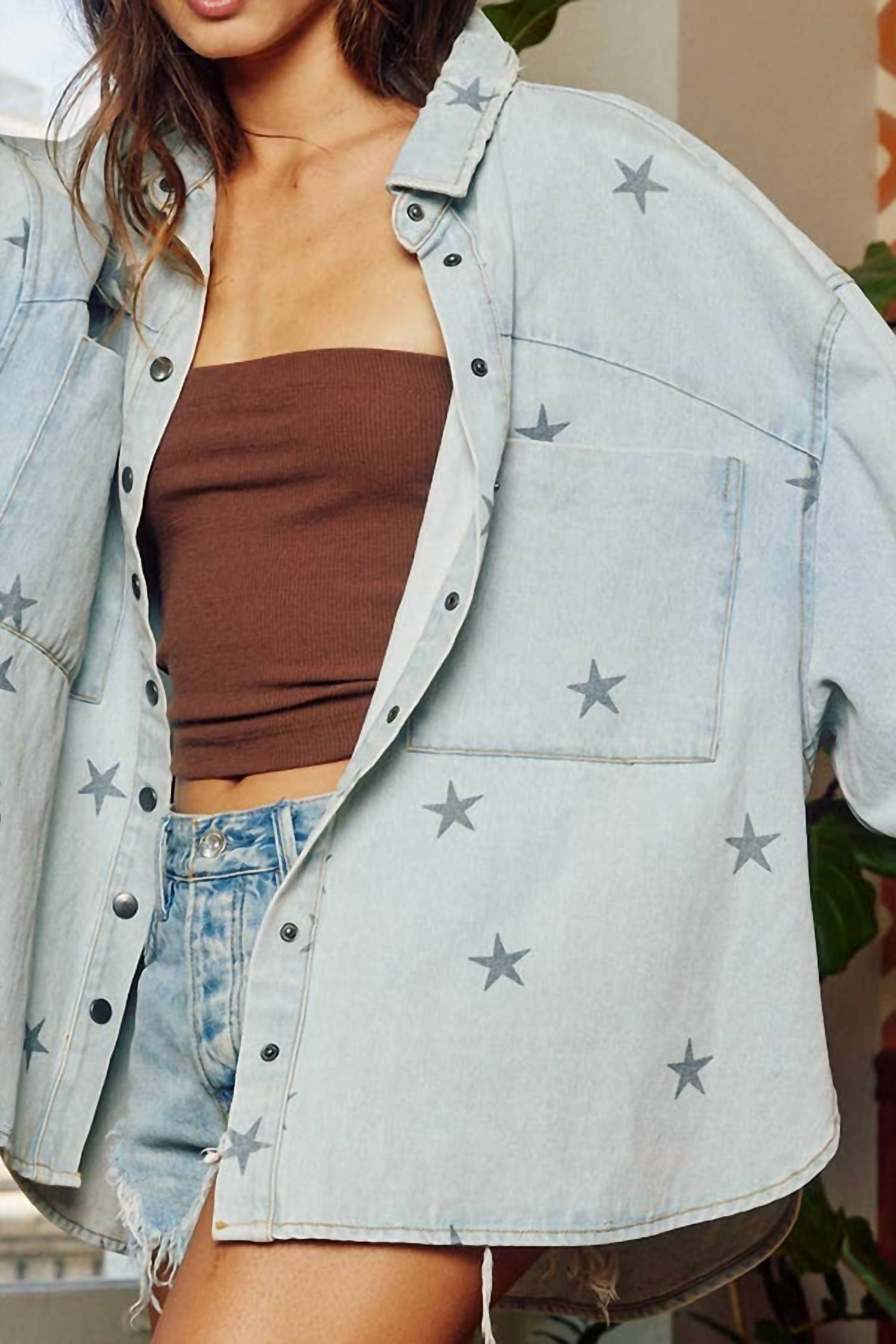 Bucketlist - Star Print Washed Shirt Jacket Shacket