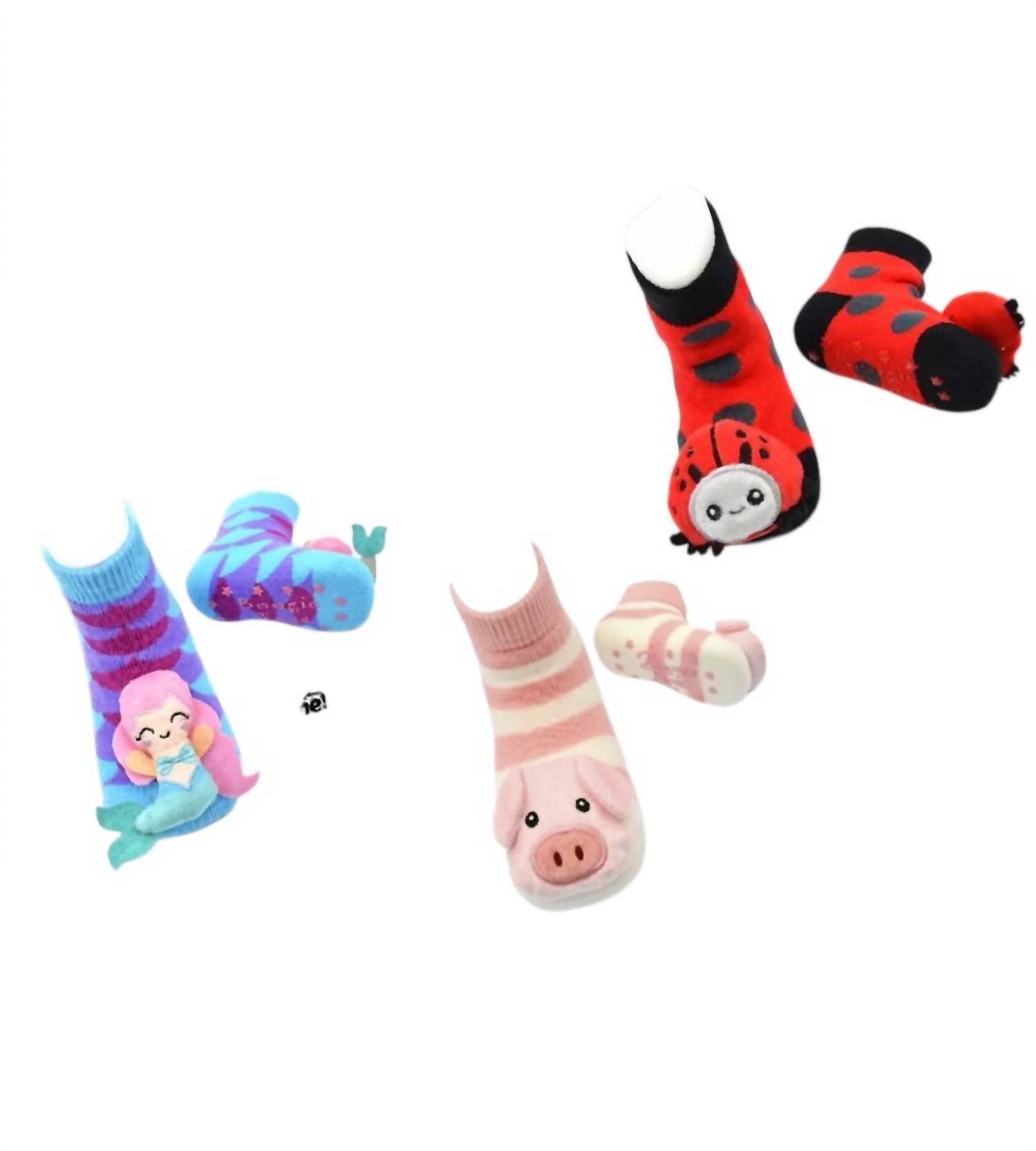 Liventi Inc. Kids Boogie Toes Rattle Socks - Set Of 3 in rainbow mermaid rosie pink pig ladybug - kids' accessory - detail view
