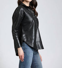 APNY Vegan Leather Henley Top With Grommet Details in black - women's blouse - detail view