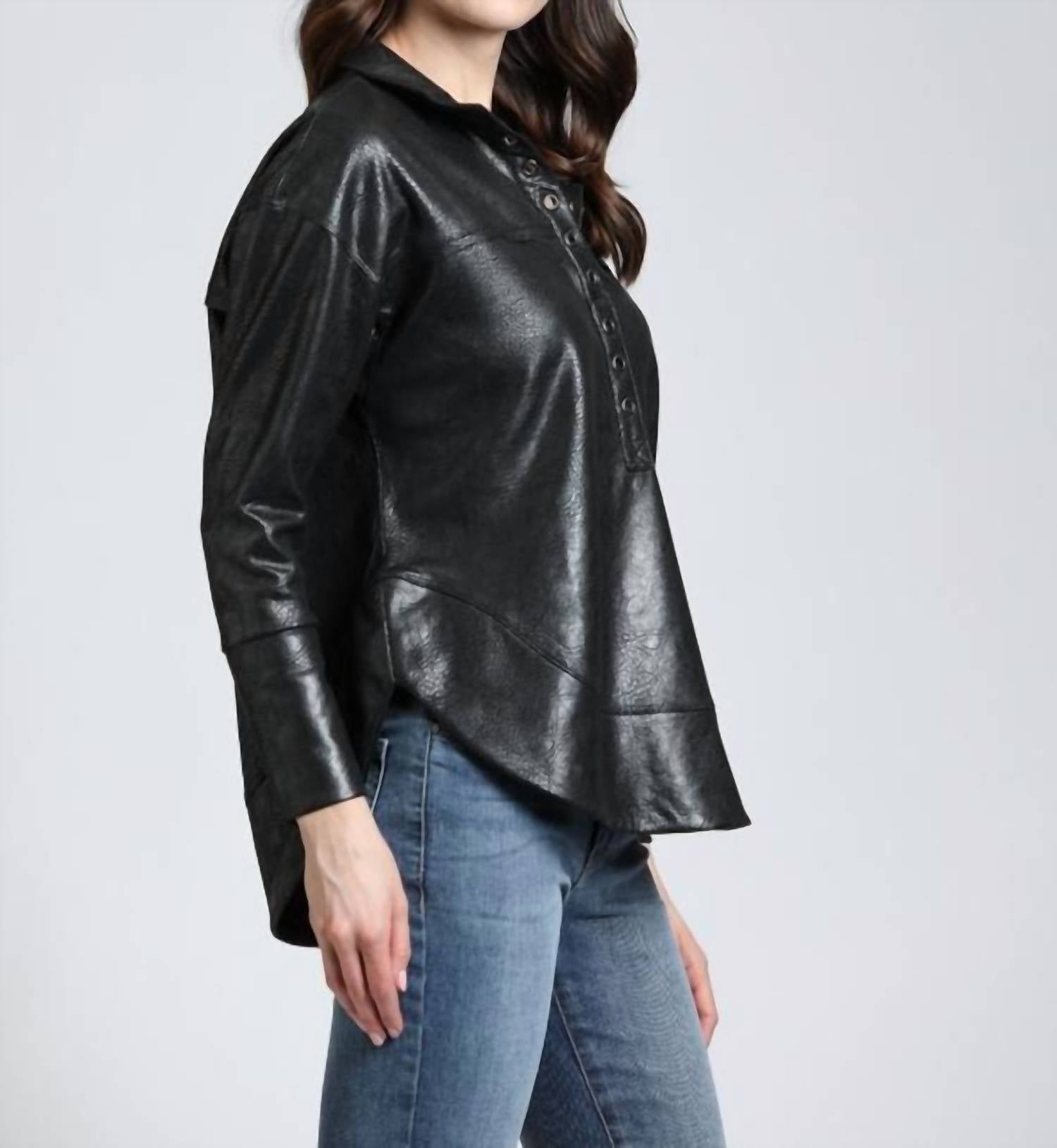 APNY Vegan Leather Henley Top With Grommet Details in black - women's blouse - detail view