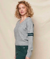 Sundry Lucky 7 V Neck Intarsia Sweater in heather grey - women's sweater - alternate view
