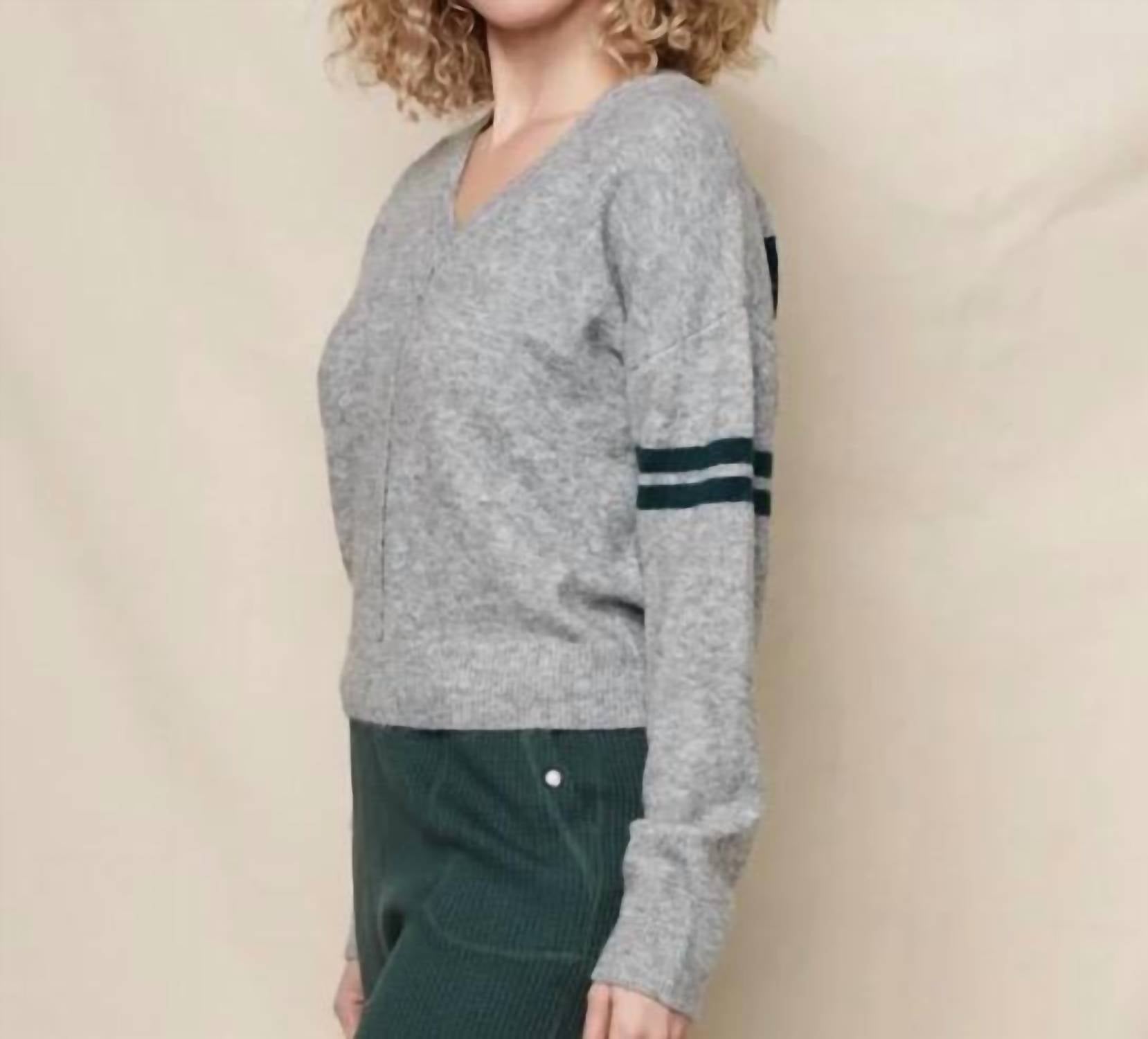 Sundry Lucky 7 V Neck Intarsia Sweater in heather grey - women's sweater - detail view