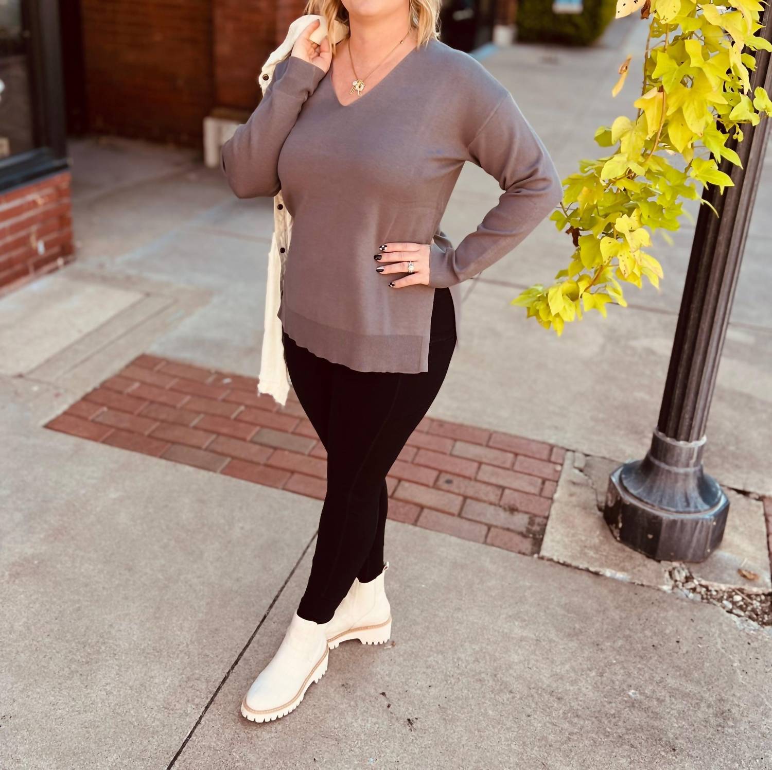 WISHLIST Drop Long Sleeve Shoulder Top in charcoal - women's long sleeve top - detail view
