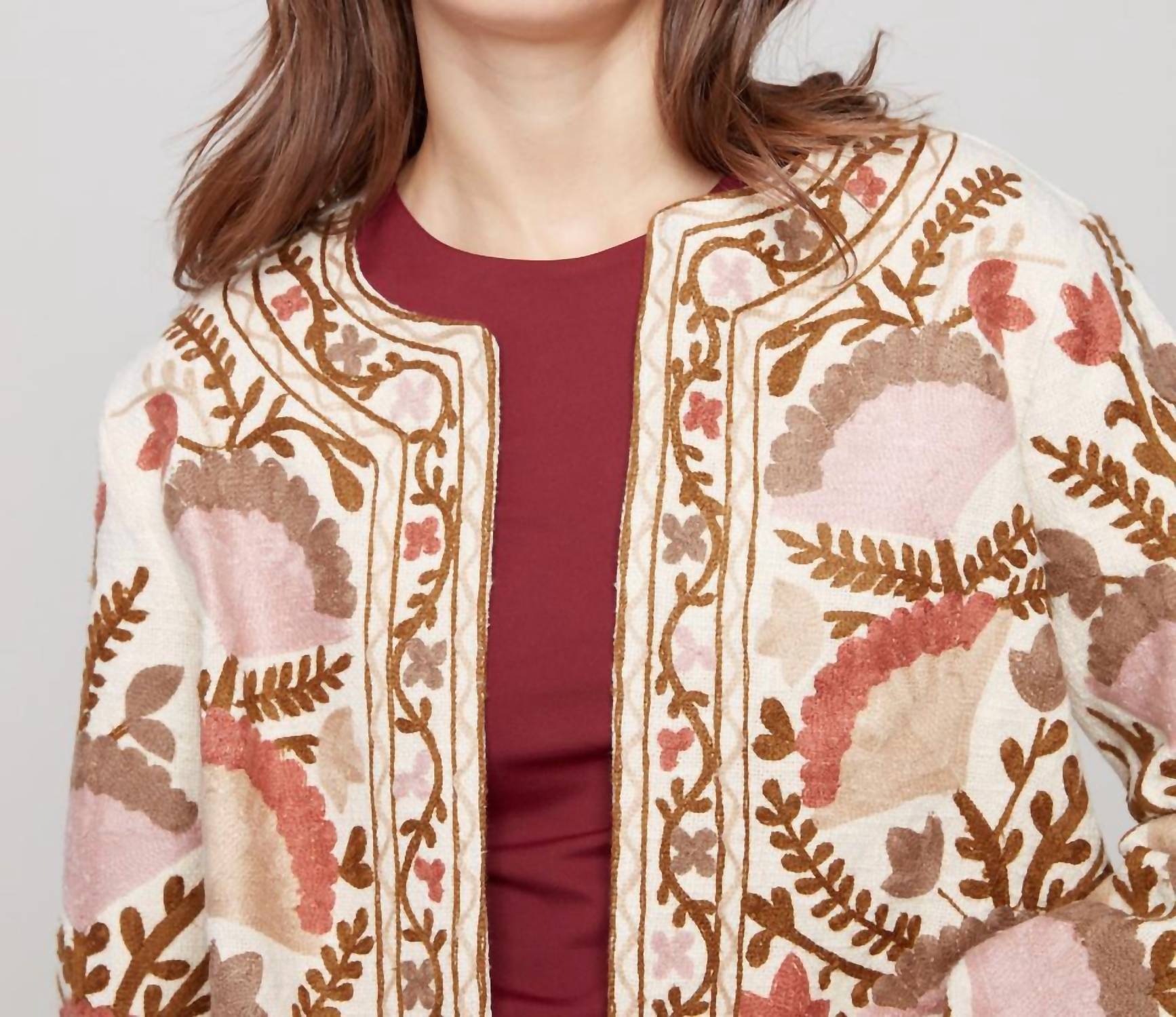 Charlie B - Embroidered Cotton Blend Basketweave Jacket