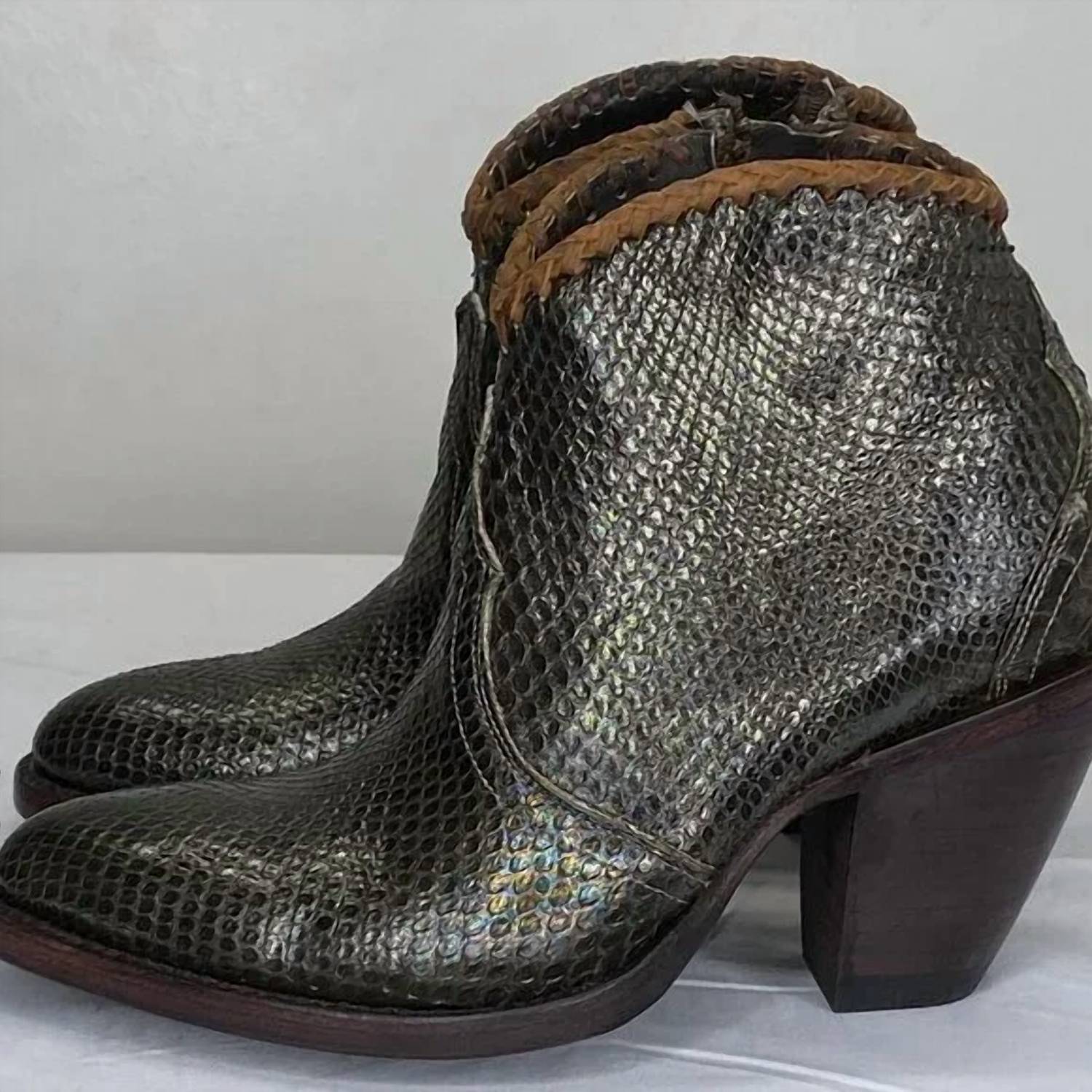 Allens Boots Women's Kyra Exotic High Heel Ankle Boots in olive - women's shoe - detail view