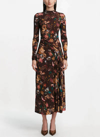 Lela Rose - Floral Printed Jersey Long Sleeve Draped Front Dress