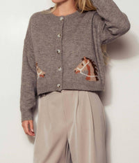 Urban Daizy - Western Horse Graphic Ribbed Trim Crew Neck Cardigan
