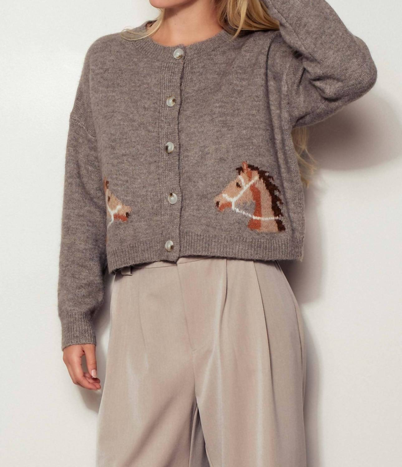Urban Daizy - Western Horse Graphic Ribbed Trim Crew Neck Cardigan