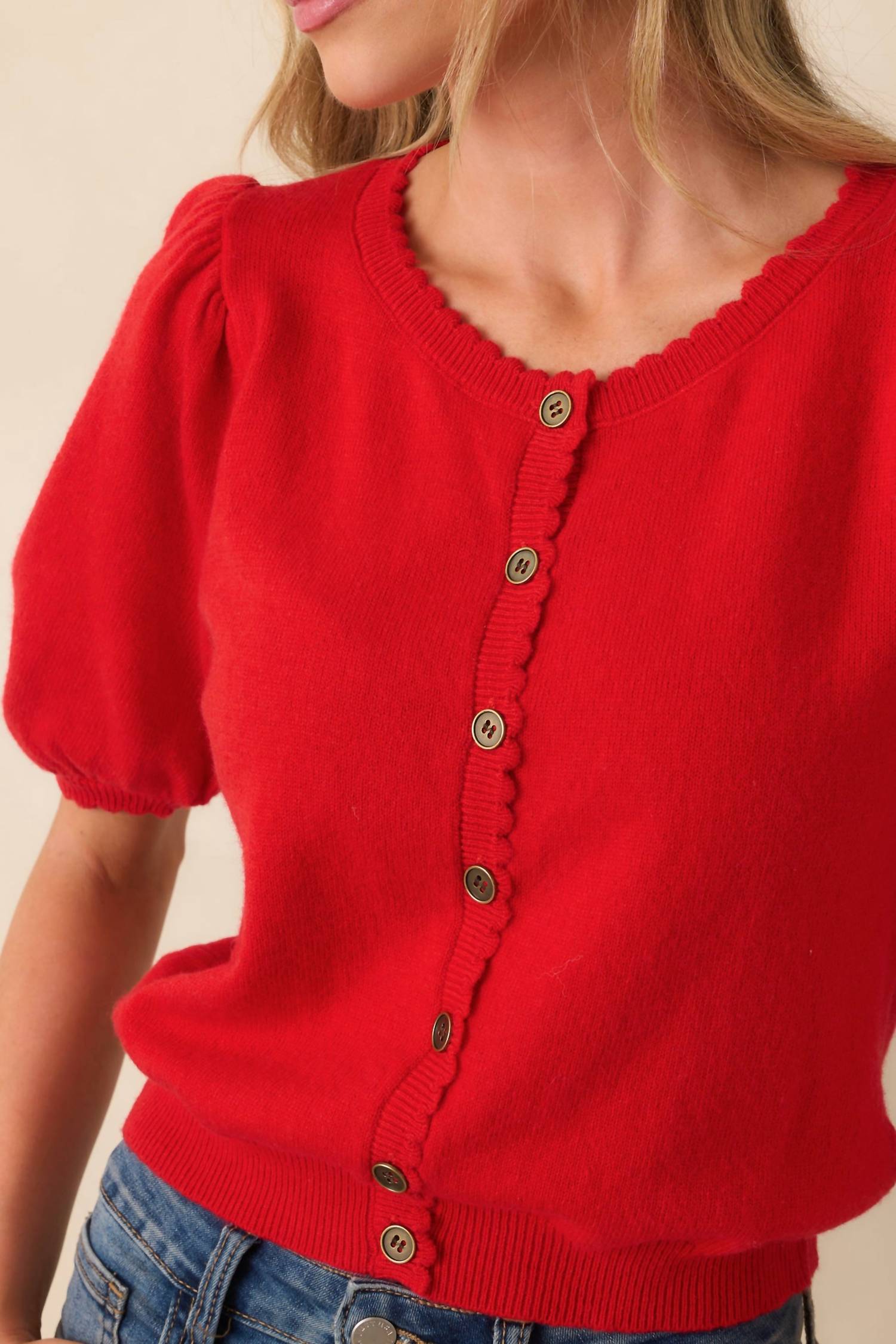 KLd. Signature Puffed Sleeve Cardigan in red - women's cardigan - detail view