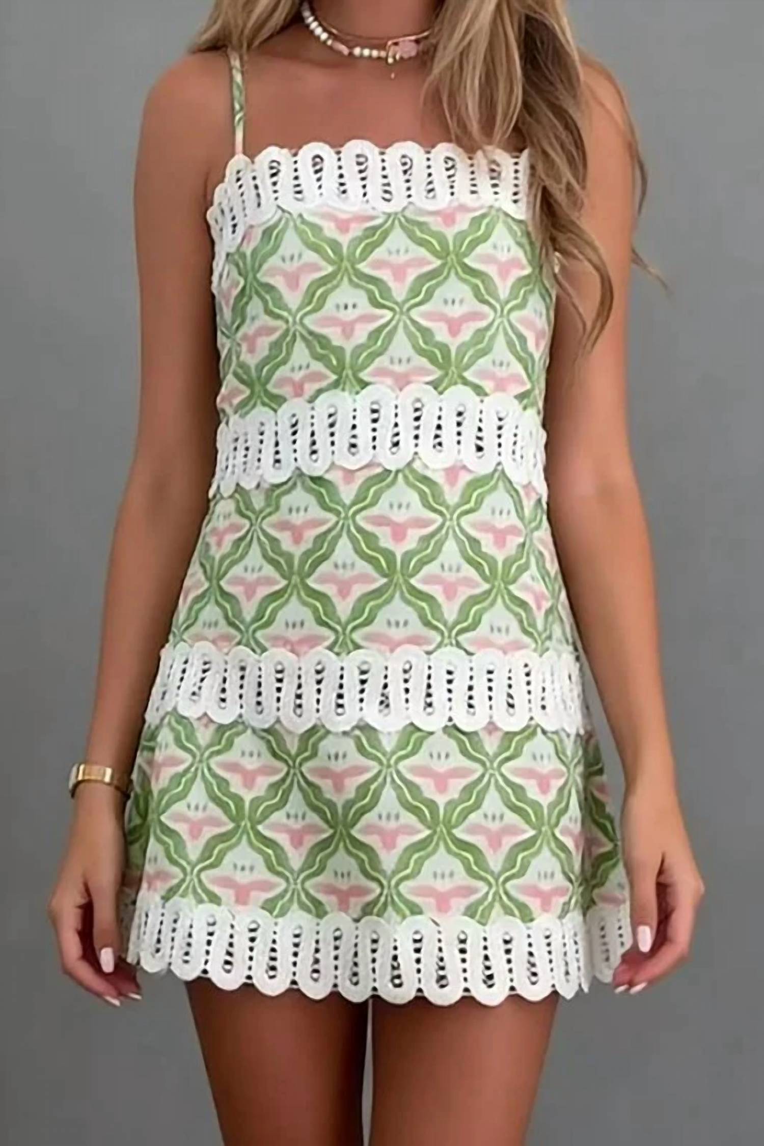 Sundayup - Christina Geometric Lace-trim Boho Mini Dress