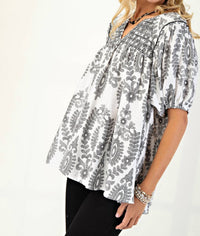 GiGiO Smocked Short Sleeve Top in grey - women's blouse - alternate view