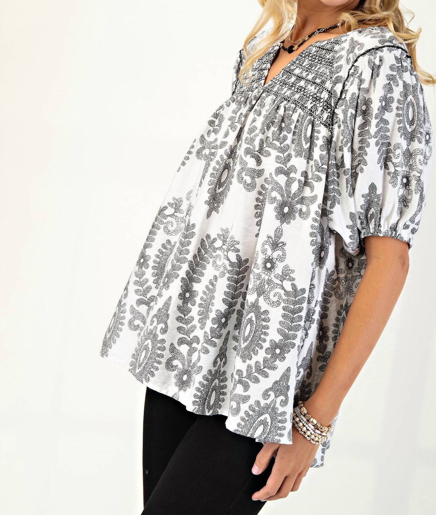 GiGiO Smocked Short Sleeve Top in grey - women's blouse - alternate view