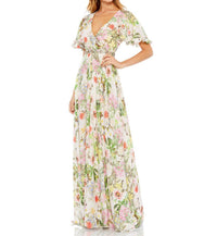 Mac Duggal - Floral Print Faux Wrap Flutter Sleeve A Line Dress