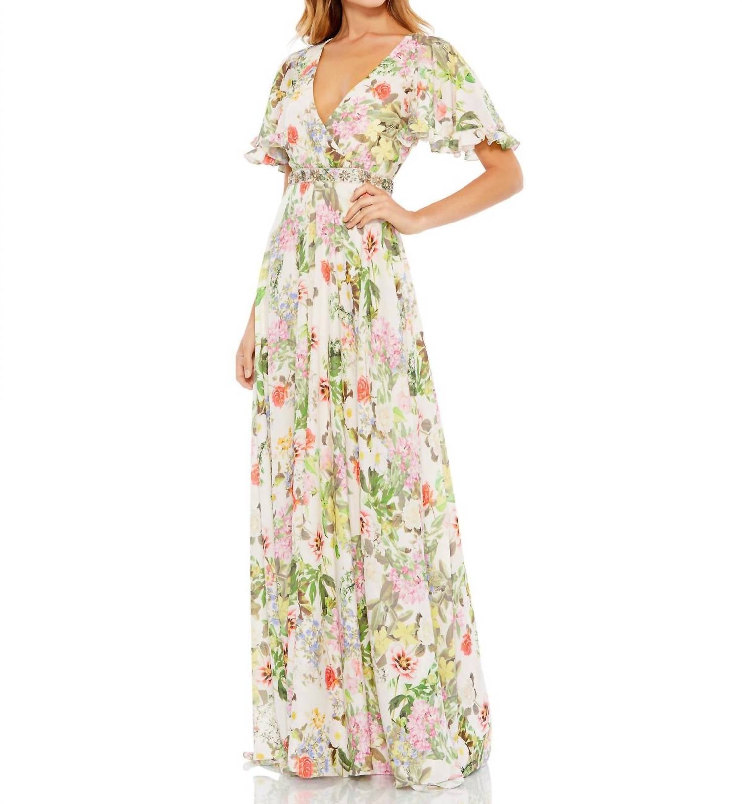 Mac Duggal - Floral Print Faux Wrap Flutter Sleeve A Line Dress