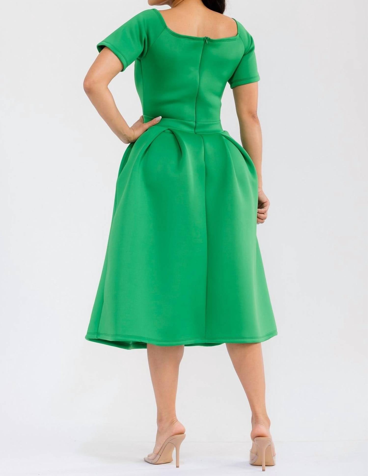 Karen T Design Pleated Midi Dress in emerald green - women's dress - alternate view