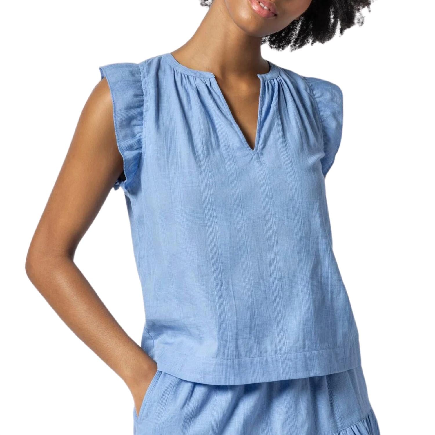 Lilla P Women's Flutter Sleeve Split Neck Top in harbor - women's tank top