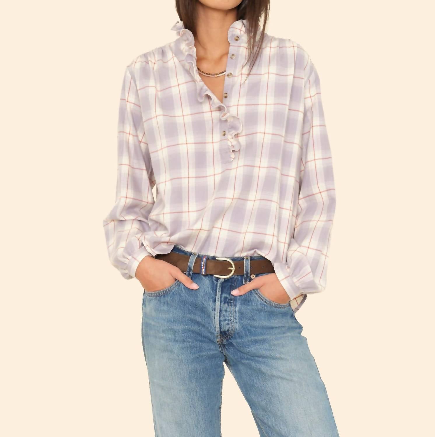 XIRENA Caspian Check Top in grey mist - women's shirt
