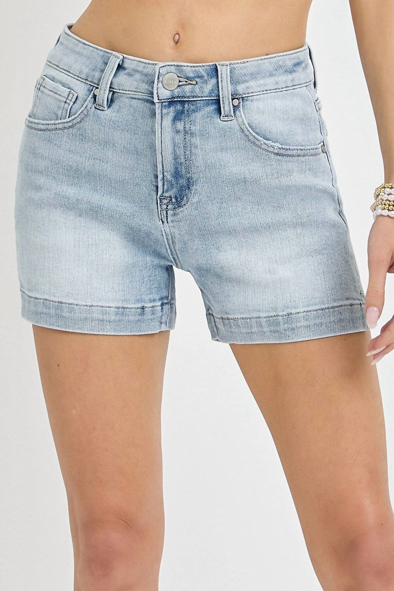 RISEN High Rise Side Slit Denim Shorts in light wash - women's shorts - view 5