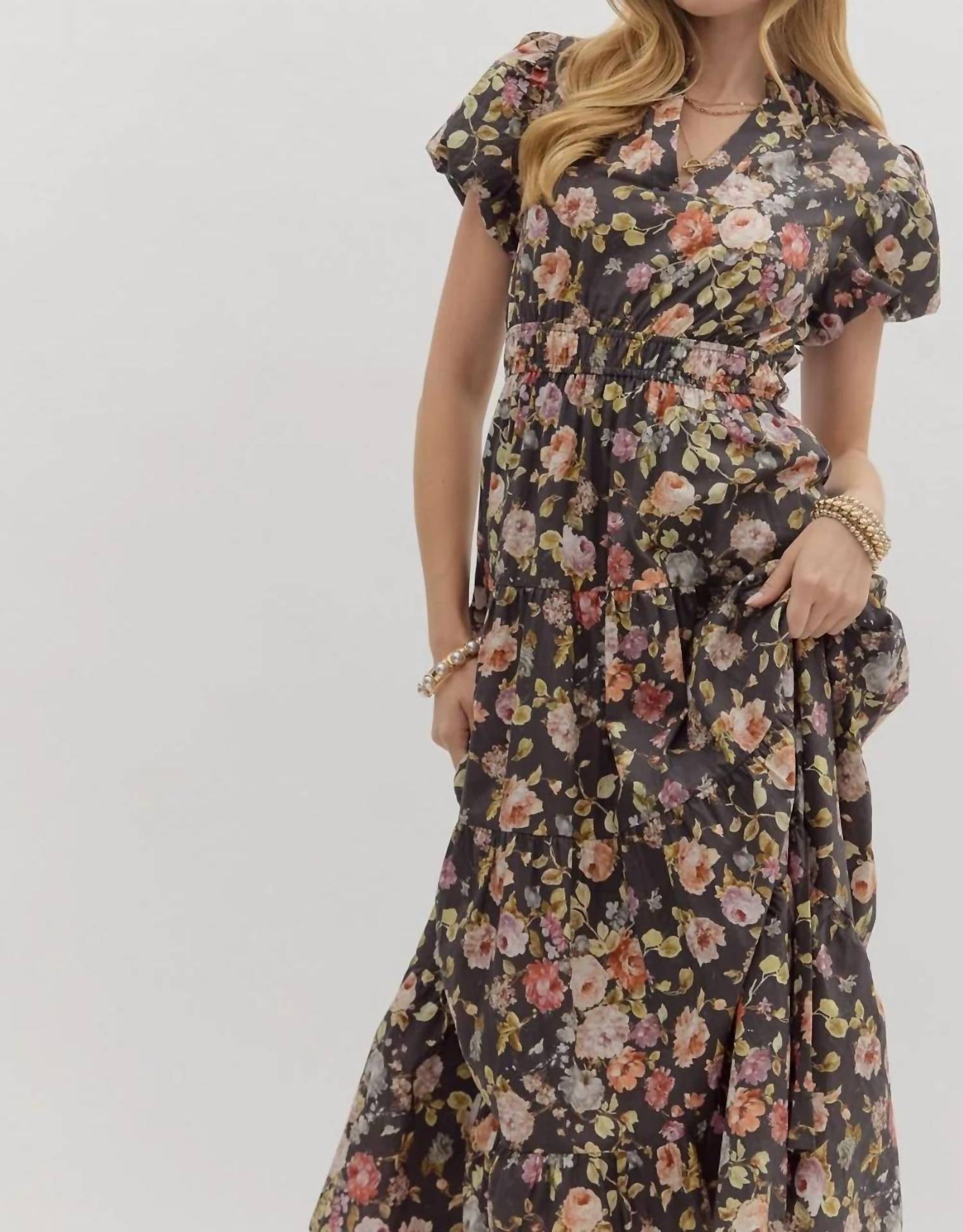Entro - Women's Floral Puff Sleeve Midi Dress