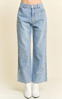 Davi & Dani - Star Patchwork Side Pocket Wide Leg Denim Pants