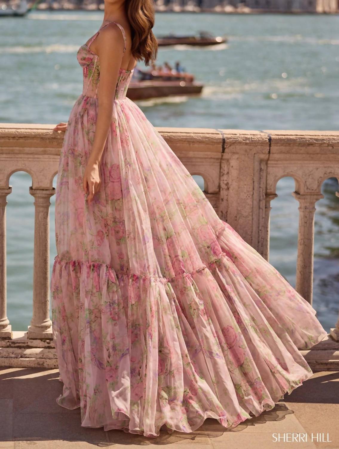 Sherri Hill Gorgeous Floral A-line Prom Dress in pink - women's dress - detail view