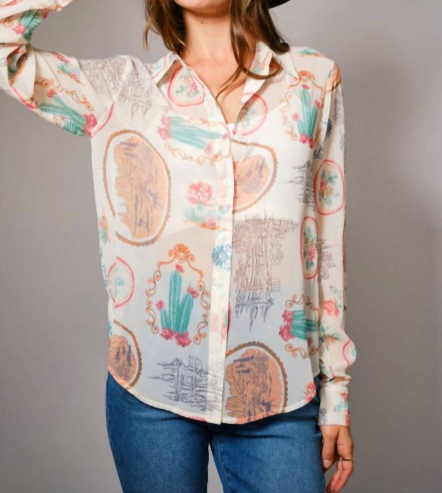 Blue B Georgia Vintage Western Print Chiffon Shirt in beige multi - women's shirt