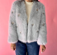 DOLCE CABO Embellished Rhinestone Flower Faux Fur Jacket in grey - women's jacket