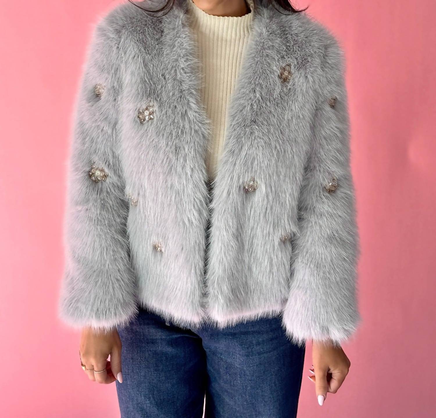 DOLCE CABO Embellished Rhinestone Flower Faux Fur Jacket in grey - women's jacket