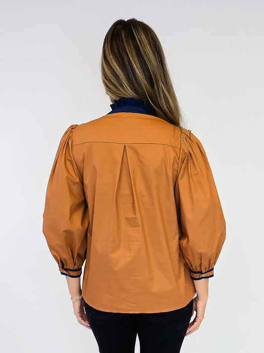 Entro - Puff Sleeve Top W/contrast Trim Split Neck Top