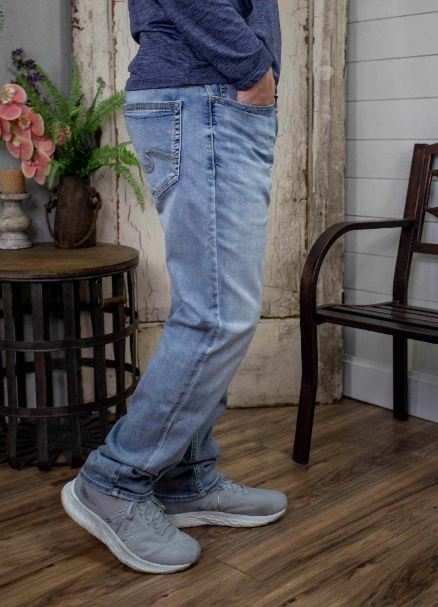 Silver Jeans Co Eddie Relaxed Fit Straight Leg Jeans in light indigo - men's jeans - detail view
