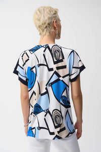 Joseph Ribkoff Geometric Print Straight Top in vanilla multi - women's blouse - detail view
