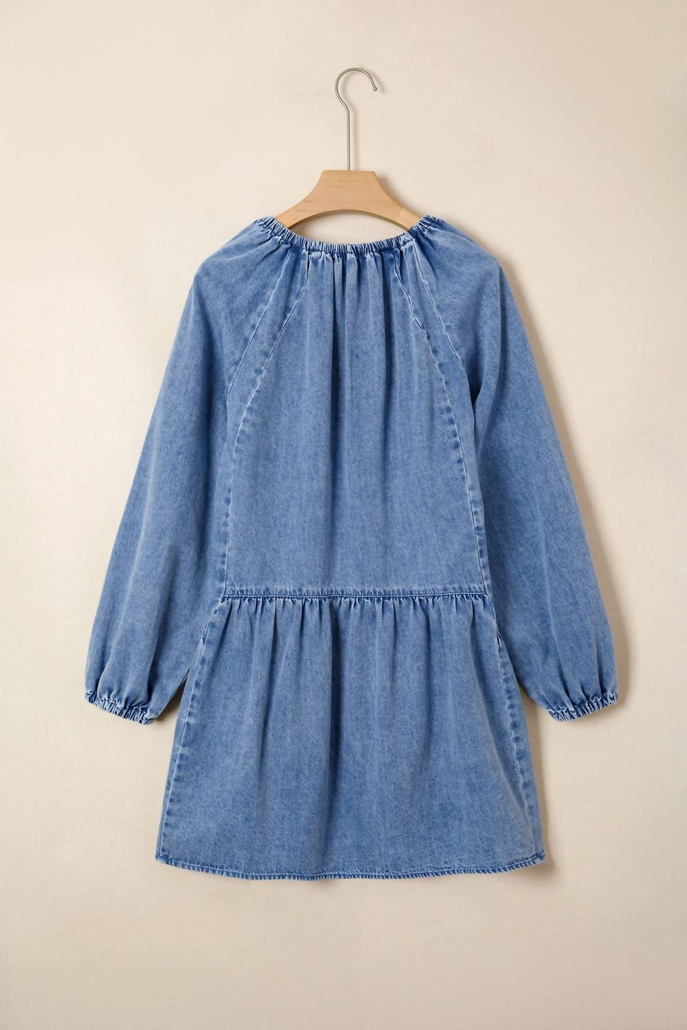 Pretty Bash - Women's Denim Puff Sleeve Tie V-neck Ruffle Dress
