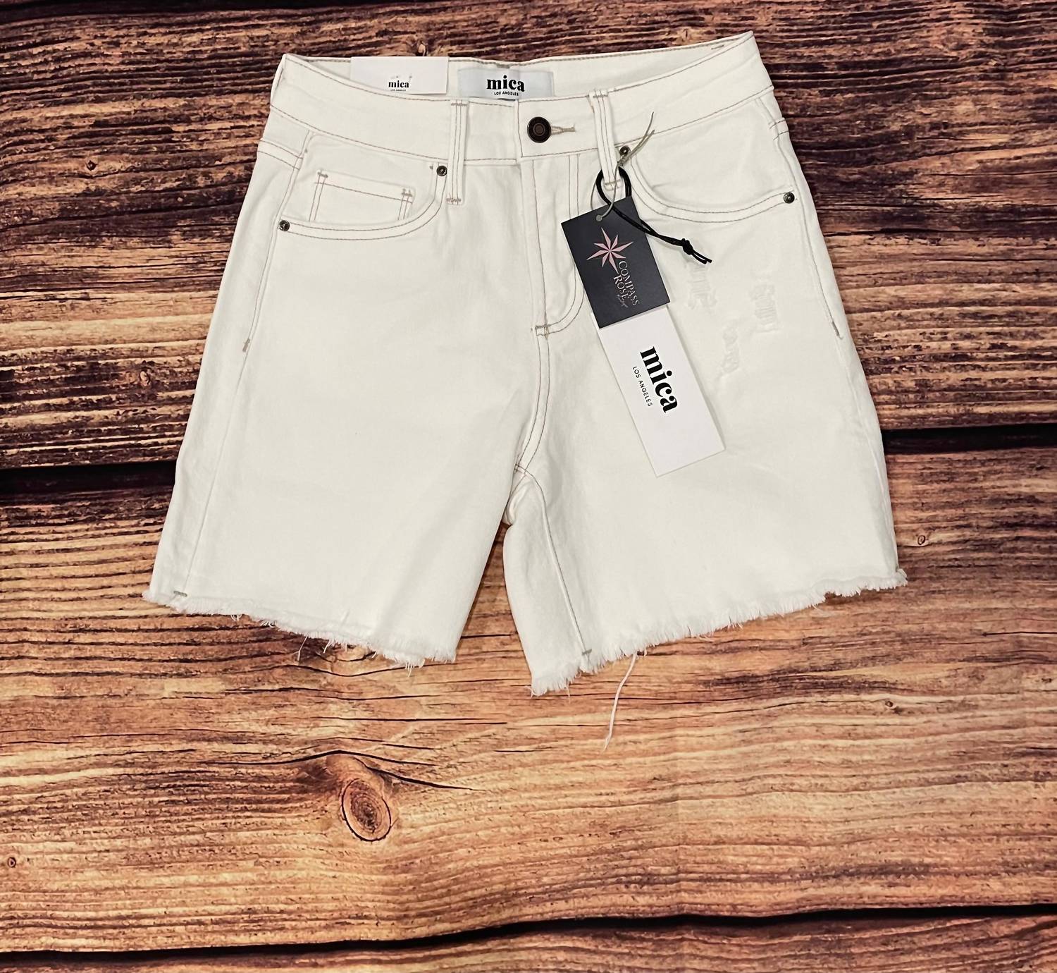Mica Denim - High Rise Distressed Frayed Hem Shorts