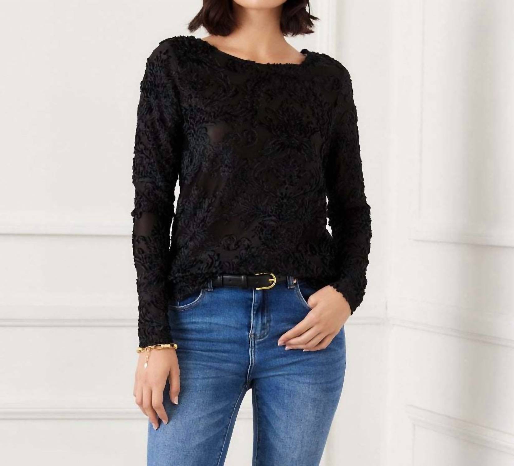 Karen Kane Long Sleeve Velvet Jacquard Shirttail Top in black - women's long sleeve top - view 4