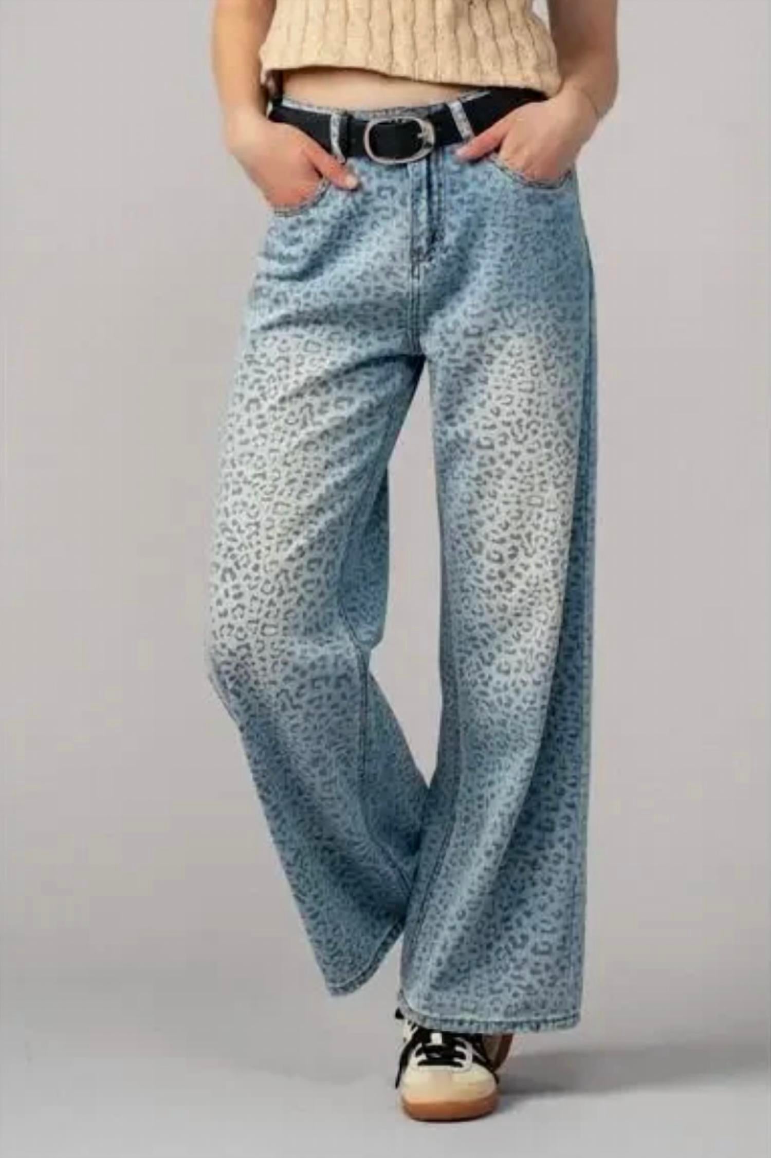Urban Daizy - Women's Leopard Print Wide Leg Denim Pants