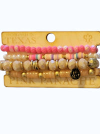 Pink Panache Women's Stretch Stack Bracelet Set in pink pearl taupe tan beaded - women's jewelry - detail view