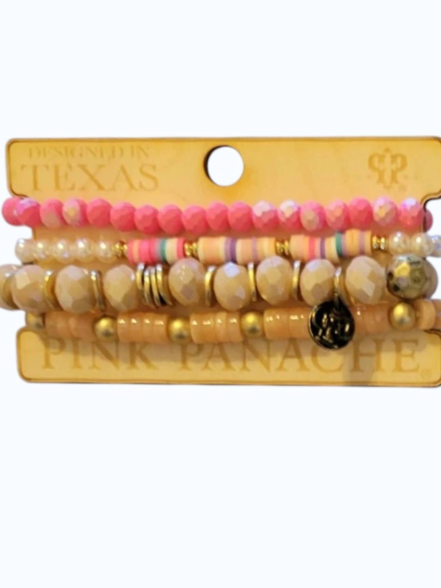 Pink Panache Women's Stretch Stack Bracelet Set in pink pearl taupe tan beaded - women's jewelry - detail view