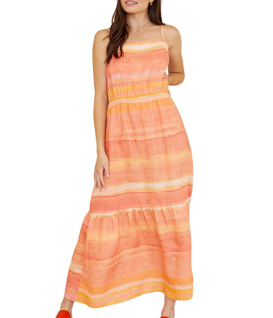 SQUARE NECK STRIPE LINEN MAXI DRESS