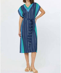 Current Air - Sleeveless V-neck Pleated Midi Dress With Stripe Border