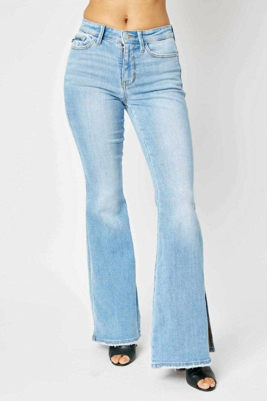 Judy Blue - Mid Rise Raw Hem Slit Flare Jeans