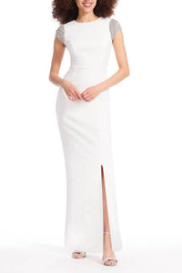 Emily Shalant - Women's Crew Neck Short Crystal Cap Sleeves Back Zipper Long Gown Dress