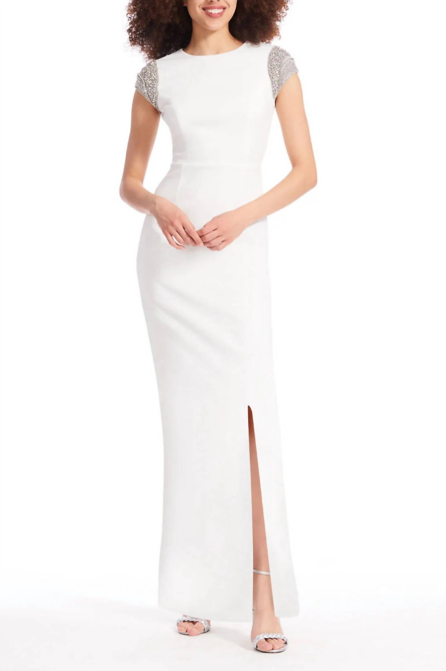 Emily Shalant - Women's Crew Neck Short Crystal Cap Sleeves Back Zipper Long Gown Dress