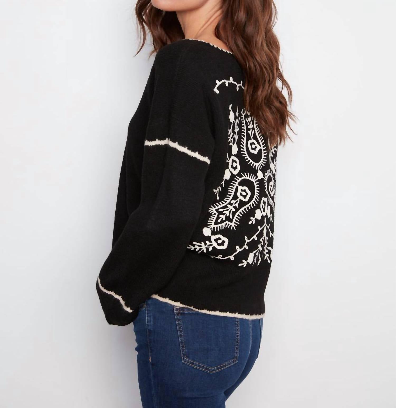 Charlie B - Embroidered Ribbed Sweater With Notch Neck